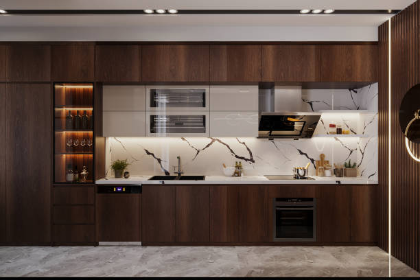 istock A dynamic combination of wood and marble with LED lighting utilized in the contemporary kitchen 2169541748