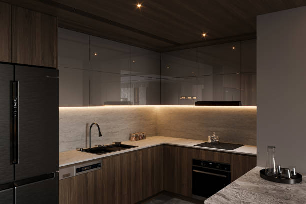 istock Gray and wood kitchen with bar, side view 2169541790
