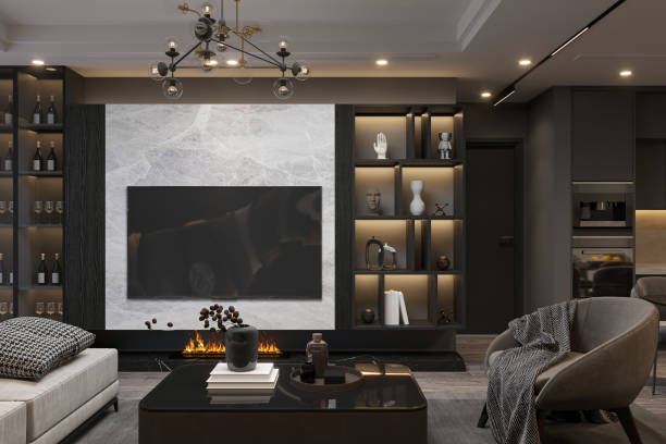 istock interior design a spacious modern living room with a large flat-screen TV, a fireplace, and a dark color scheme. 2169541807