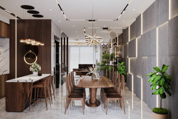 istock Minimalist, japandi interior design of modern kitchen with dining table. 2169541885