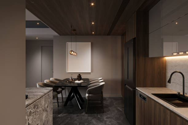 istock Modern kitchen with marble countertops and island. 2169541928