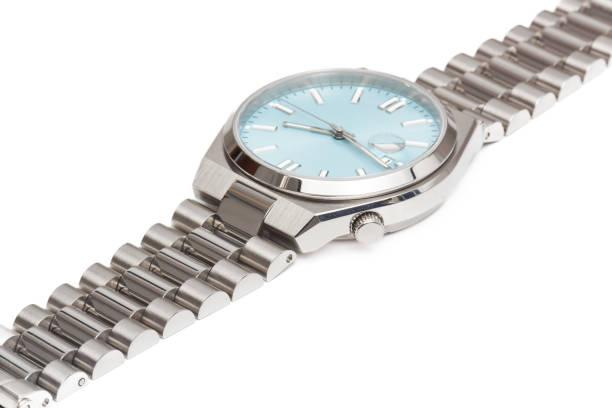 istock Modern luxury silver watch close up isolated on white 2169542061