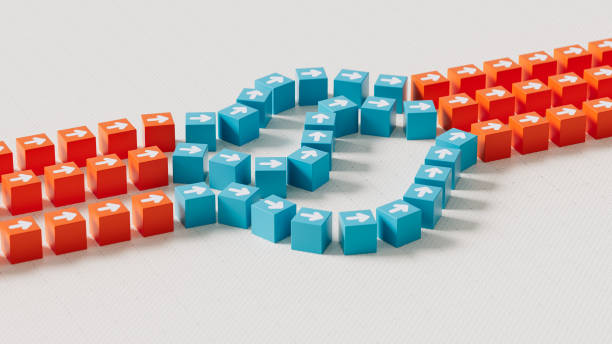 istock Flexibility and Adaptation Concept. Cubes on a Curved Path with Arrows Showing Adaptability. Three Groups Moving Straight, Curving Flexibly, Then Realigning. 3D Rendering. 2169544186