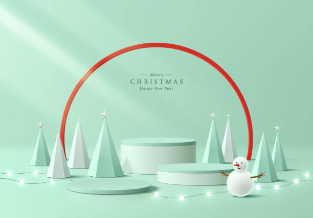 istock 3D merry Christmas green podium with Snowman, neon ball, circle frame background. Abstract composition minimalist design. Studio display showroom product pedestal, Fashion stage showcase mockup scene. 2169545055