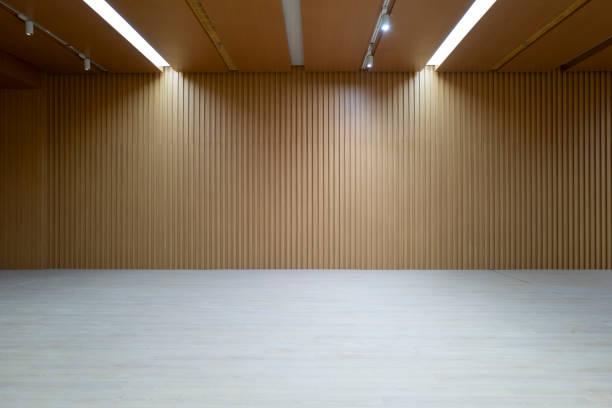 Empty modern indoor open space with wooden decorative walls