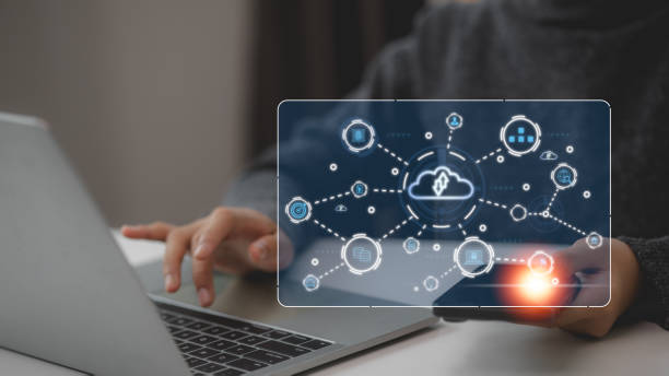 istock cloud service hologram hud on screen, files share or transfer. Empty copy space background. Concept of information storage, computer backup and synchronization 2169547504