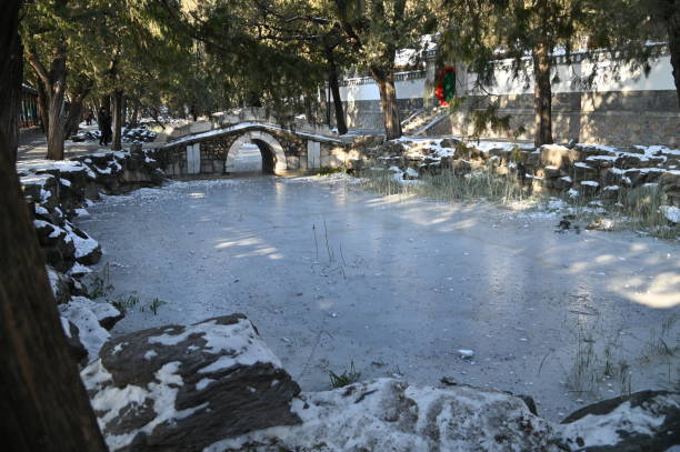 Beijing, China - December 19 2023: The Scenery of Beijing During Winter. Photo showing the gardens near the Forbidden City of Beijing, with snow spreading all over the ground against ancient red buildings of China. Picturesque rivers and lakes, frozen in winter