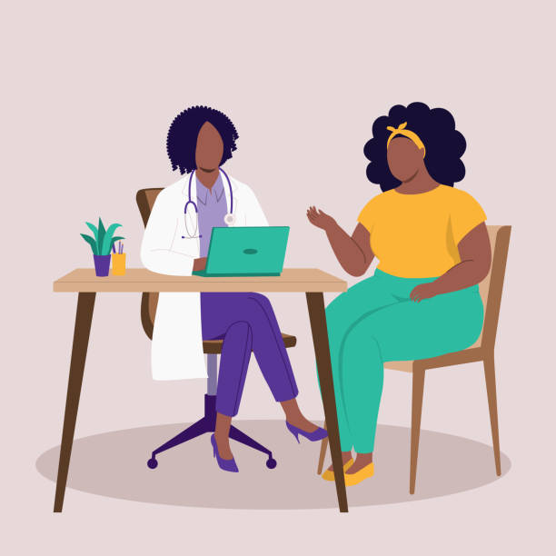 ilustrações de stock, clip art, desenhos animados e ícones de overweight black woman seeing a female doctor. dietitian. appointment. check-up. - paciente
