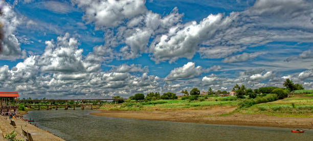 View of a Krishna River and farmland near river coast at Narsobawadi district Kolhapur state Maharashtra India
