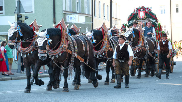 Traditional folk festival in Muehldorf, Mühldorf am Inn, Upper Bavaria, Germany, August 30 2024, Brewery wagon from Spaten Brewery Munich