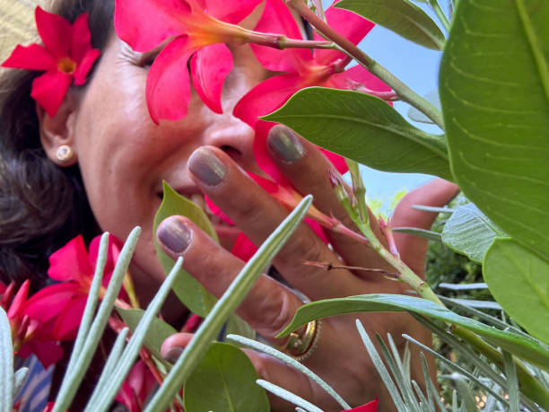 Photo of a young woman with a red swimming cap. The swimming cap is pulled over her face. She has put her hands to her head. Her head looks like a flower itself with the bathing cap with sewn-on petals.
