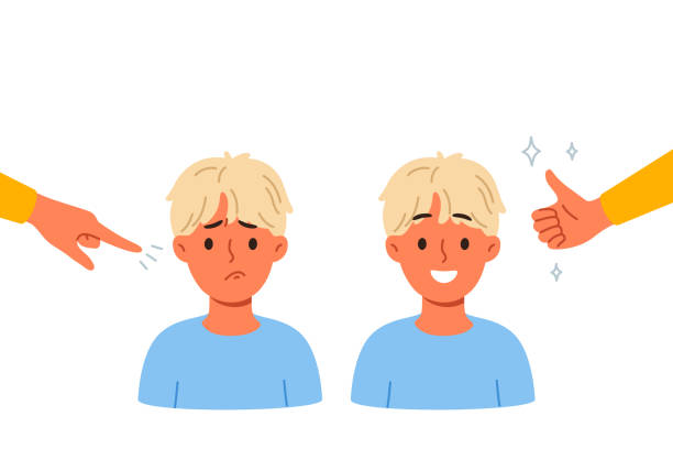 Different approaches to raising child, and use of praise or blame in form of gestures Different approaches to raising child, and use of praise or blame in form of gestures. Process of raising boy who loves positive attitude and gets upset because of reproaches that violate child psyche honored-babies stock illustrations