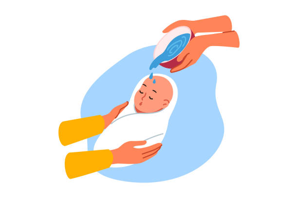 Ritual baptism for infant in christian religion, and use of holy water in church, to protect child Ritual of baptism for infant in christian religion, and use holy water in church, to protect child from evil forces. Hands watering baby from bowl during baptism and choosing godmother and godfather pics of the godmother stock illustrations