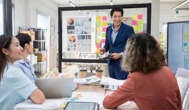 istock Group of young Asian professionals collaborating presentation project meeting in a modern office. Brainstorming innovative ideas for a new business venture. 2169588086
