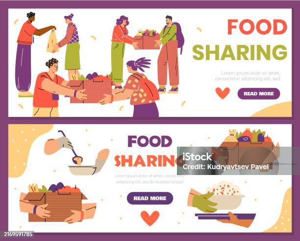 Sharing Food Rations Food Sharing Vector Set Illustration Stock Illustration - Download ...