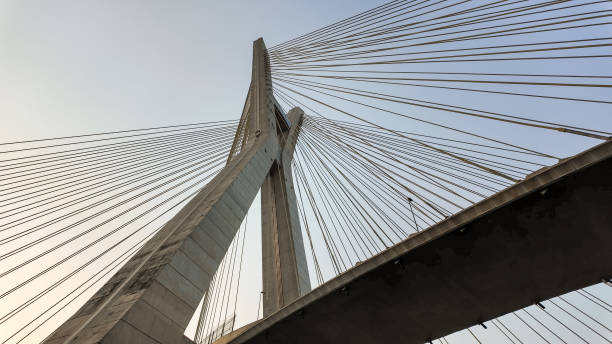 Photo taken by drone flying over Marginal Pinheiros and the famous cable-stayed bridge Otavio Frias Filho, located at Sao Paulo city.