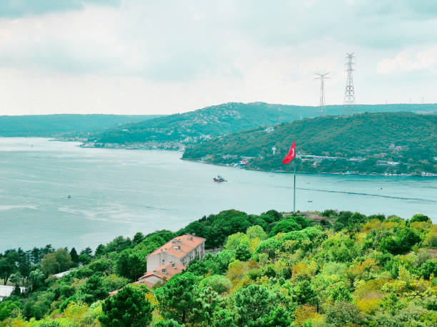Bosphorus forests blue sky and Turkish flag themed landscape photo