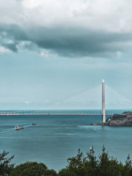 Bosphorus forests blue sky bridge themed wide angle landscape photo