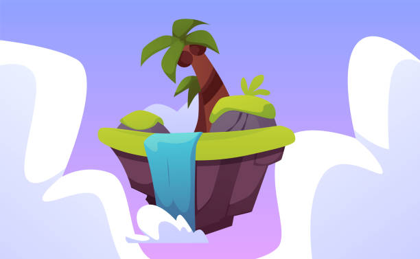 Level platform with coconut palm and waterfall, tropical land game island floating in the sky, vector fantasy rock stage Level platform with coconut palm and waterfall, tropical land island floating in the sky vector illustration. Cartoon summer ground stone rock stage. Fantasy game asset, GUI nature location fantasy island waterfall stock illustrations