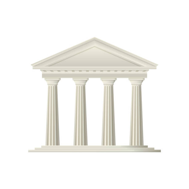 Classical temple facade vector illustration Classical architecture. Vector illustration of an ancient Greek or Roman temple facade with four tall columns supporting a triangular pediment. The structure is rendered in a realistic style. temple building stock illustrations