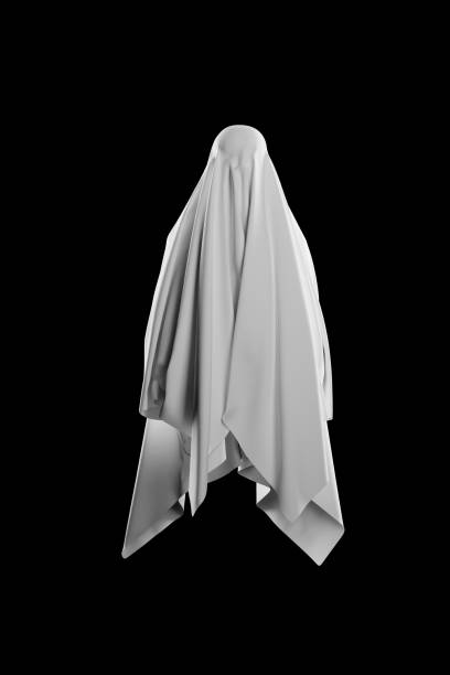 istock Abstract Flying Ghost Cloth White on Black Background - 3D Illustration Render 2169625495
