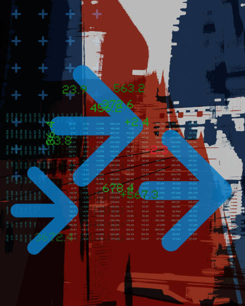 Arrow and Financial Data on coloured background containing abstract graphic marks.