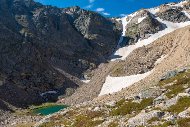 istock A serene mountain landscape featuring a glacial lake surrounded by rocky cliffs and patches of snow during a clear sunny day. Ptarmigan lake. 2169634730