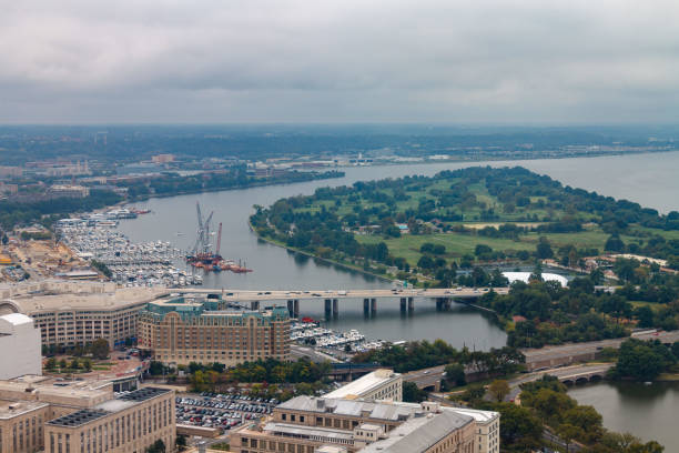 Helicopter shot of the Southwest Waterfront in Washington, D.C. in Fall.