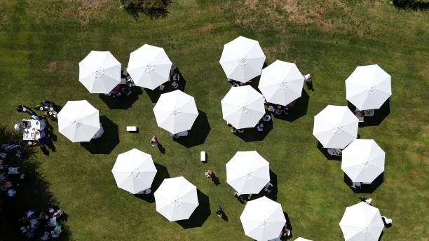 istock beach umbrellas seen from the drone 2169638979