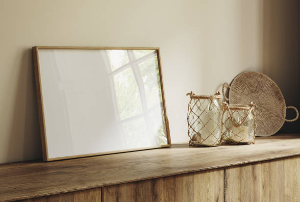 istock Frame mockup close up in a beige cozy room with candles 2169644637