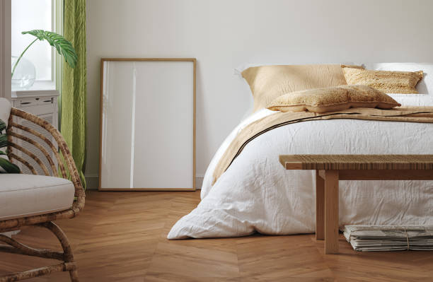 istock Mockup frame in bedroom interior background, Coastal boho style 2169644700