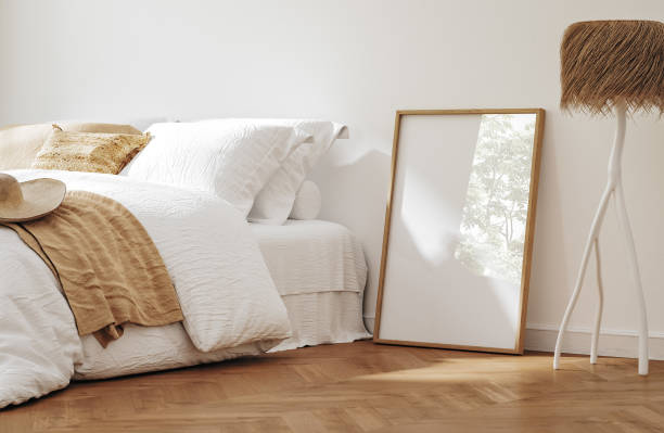 istock Mockup frame in bedroom interior background, Coastal boho style 2169644701