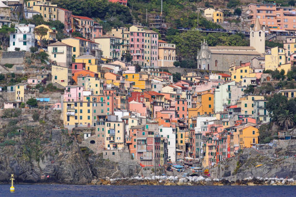 Riomaggiore, Italy - October 03, 2009: Colourful Houses at Liguria Coast Riomaggiore Town Autumn Day Travel.