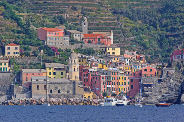 Vernazza, Italy - October 03, 2009: Colourful Houses in Small Town Cinque Terre Liguria Coast Autumn Day Travel.