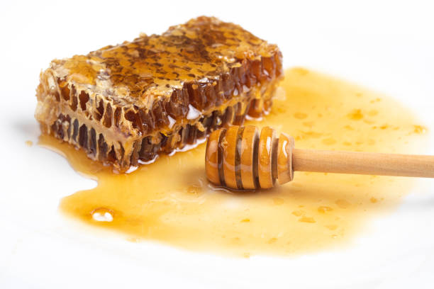 Honey with honeycomb and wooden dipper in white plate