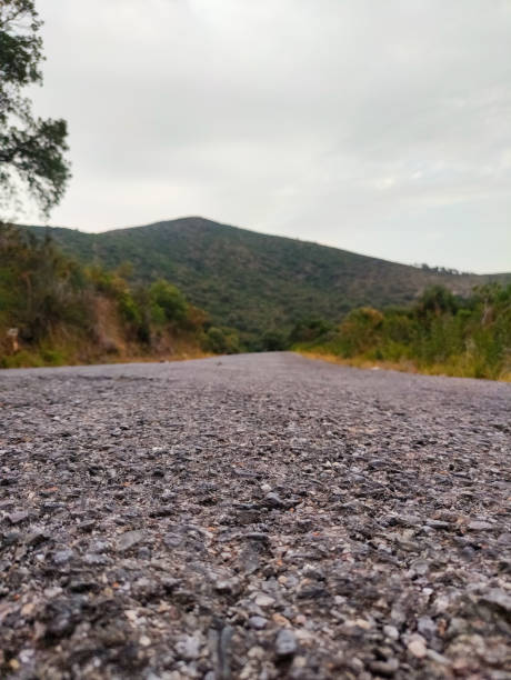 Close-up view of an asphalt road that crosses the wilderness, the mountain on the horizon. Annaba