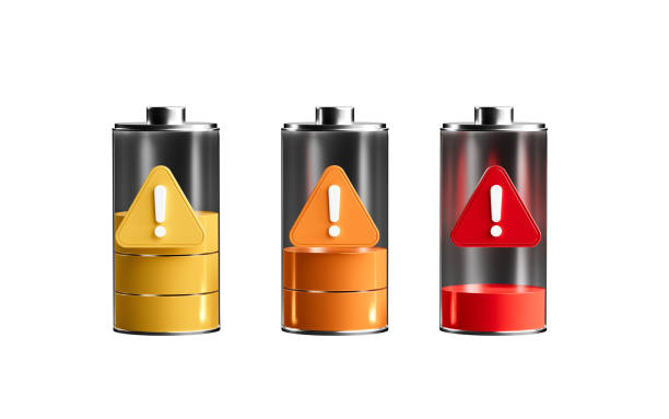 Batteries and warning signs, low battery warning, 3d rendering. 3d illustration.