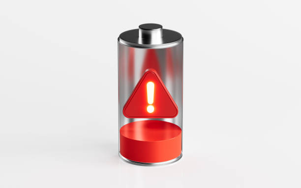 Batteries and warning signs, low battery warning, 3d rendering. 3d illustration.