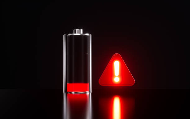 Batteries and warning signs, low battery warning, 3d rendering.