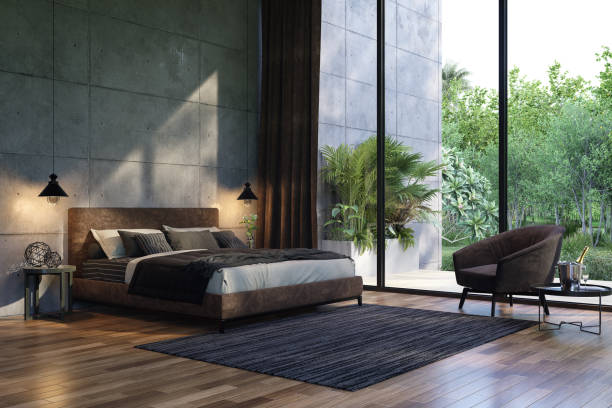 istock Modern contemporary loft style bedroom with nature view 3d render 2169667235