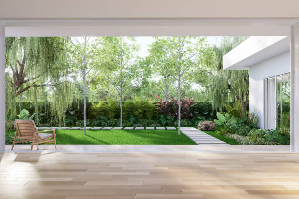 Modern contemporary empty room with tropical style garden background 3d render