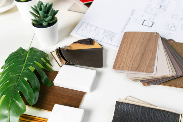 istock Interior materials include laminated planks, real wood, white stone material on paper, and interior design. The use of ornamental materials and interior design businesses 2169670086