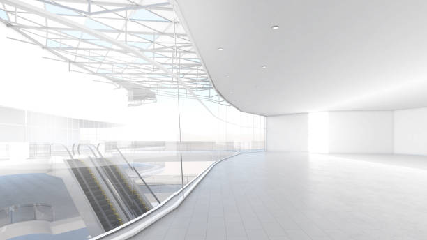 istock enormous white hall with exterior lighting large internal architecture white open space, 3d rendering 2169670100