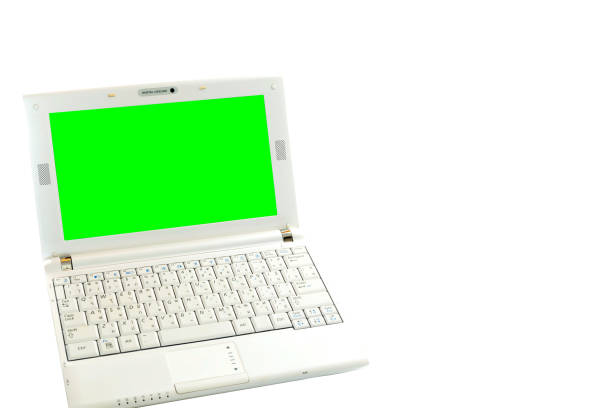 istock Mockup of white laptop computer with green screen cut out. 2169670562