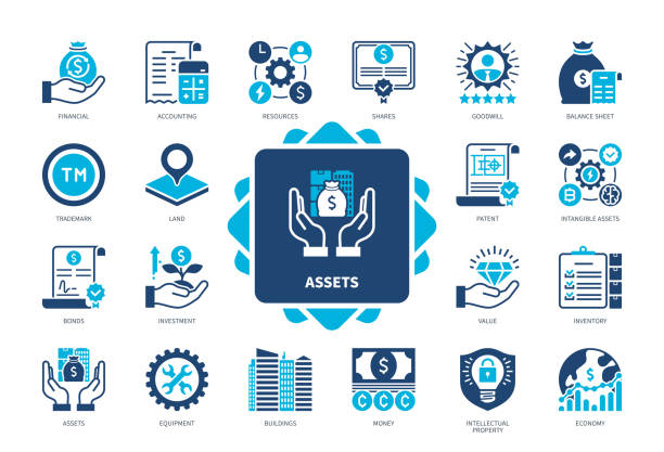 Assets solid icon set Assets icon set. Buildings, Value, Balance Sheet, Shares, Bonds, Intellectual Property, Goodwill, Money. Duotone color solid icons ground plan stock illustrations