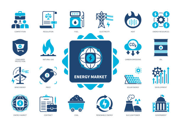 Energy Market solid icon set Energy Market icon set. Oil , Carbon Emissions, Natural Gas, Wind Energy, Heat, Fuel, Development, Price. Duotone color solid icons natural gas extraction stock illustrations