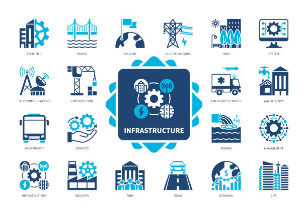 illustrations, cliparts, dessins animés et icônes de jeu d’icônes solide d’infrastructure - moyen de transport