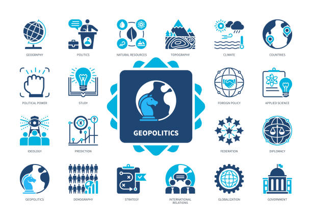 Geopolitics solid icon set Geopolitics icon set. Topography, Climate, Diplomacy, Foreign Policy, Applied Science, Study, Federation, Demography. Duotone color solid icons diplomacy stock illustrations