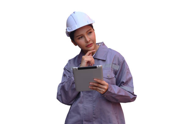 istock Engineering woman, maintenance worker, industrial plant on white background, clipping path 2169686534