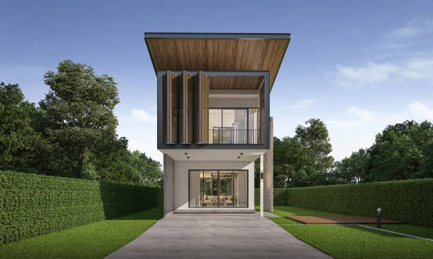 istock Modern house exterior day light with lawn grass.3d rendering 2169688191